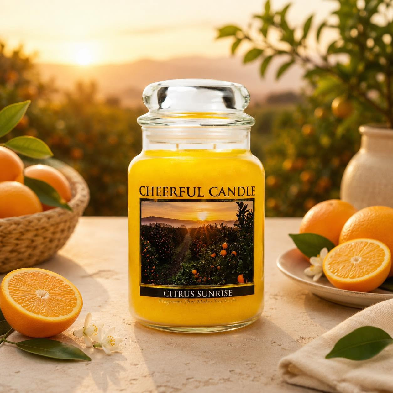 Cheerful Candle® Citrus Sunrise nyári lifestyle kép naranccsal és naplementével