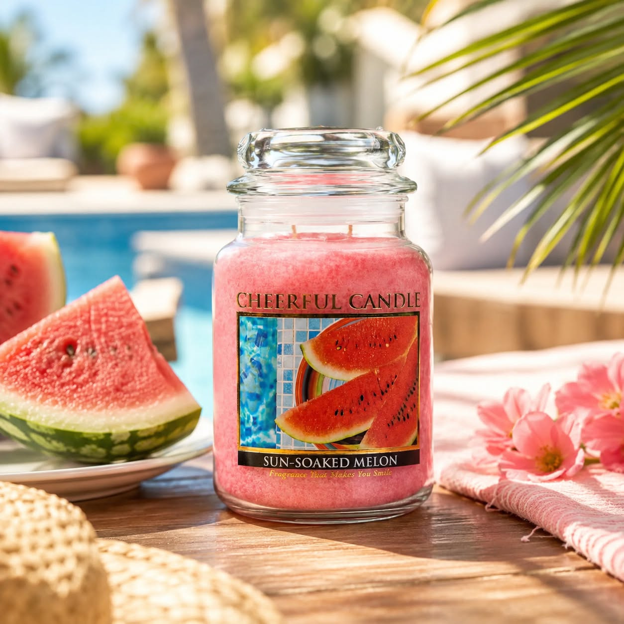 Cheerful Candle® Sun-Soaked Melon nyári lifestyle kép görögdinnyével a medenceparton