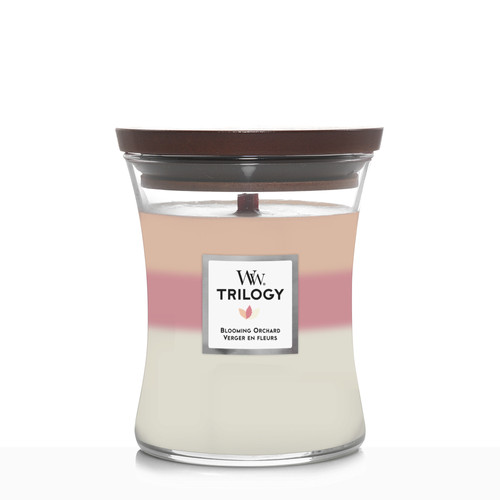 WoodWick® Blooming Orchard Trilogy közepes üveggyertya 275 g